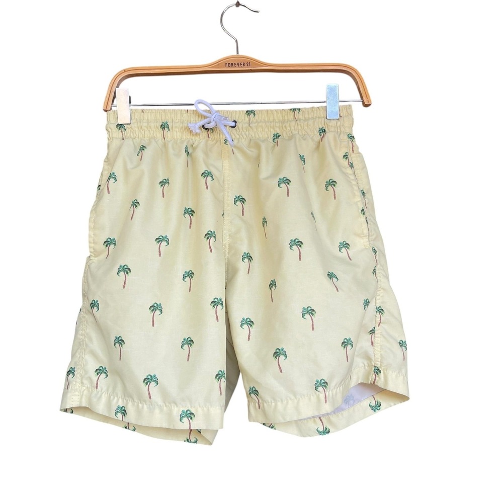 Trunks Surf & Swim Co Shorts Mens Small Yellow Palm Tree Swim Trunks Mesh Lined